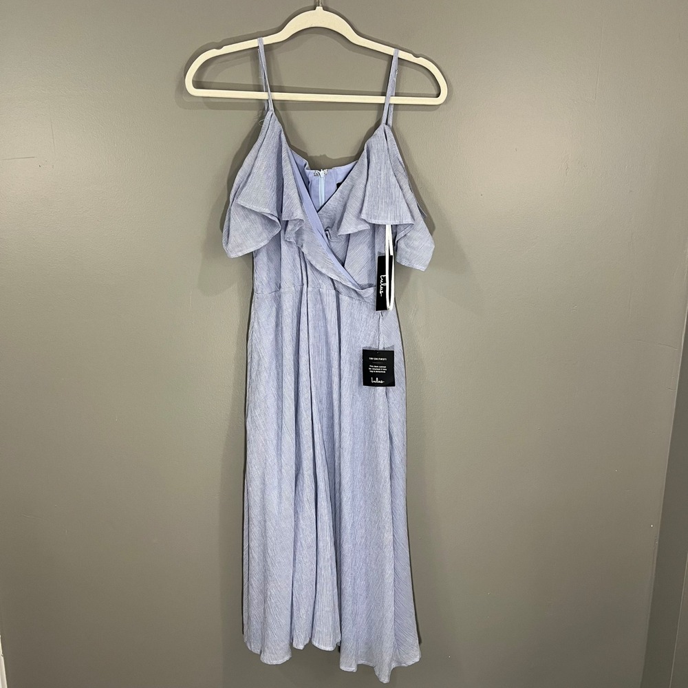 Lulus Pinstripe Midi Dress Womens Large Blue NWT Ruffle Cold Shoulder Pocket
